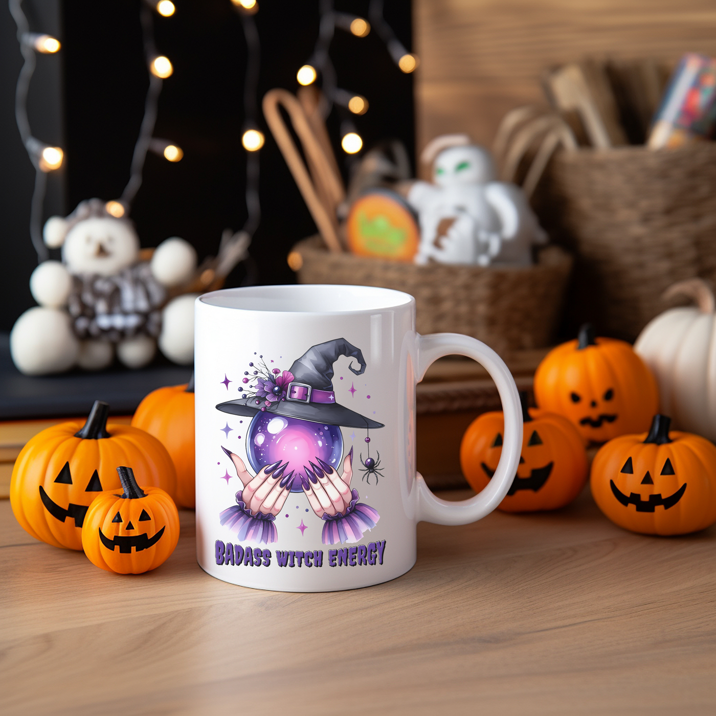 a white coffee mug with a witch on it