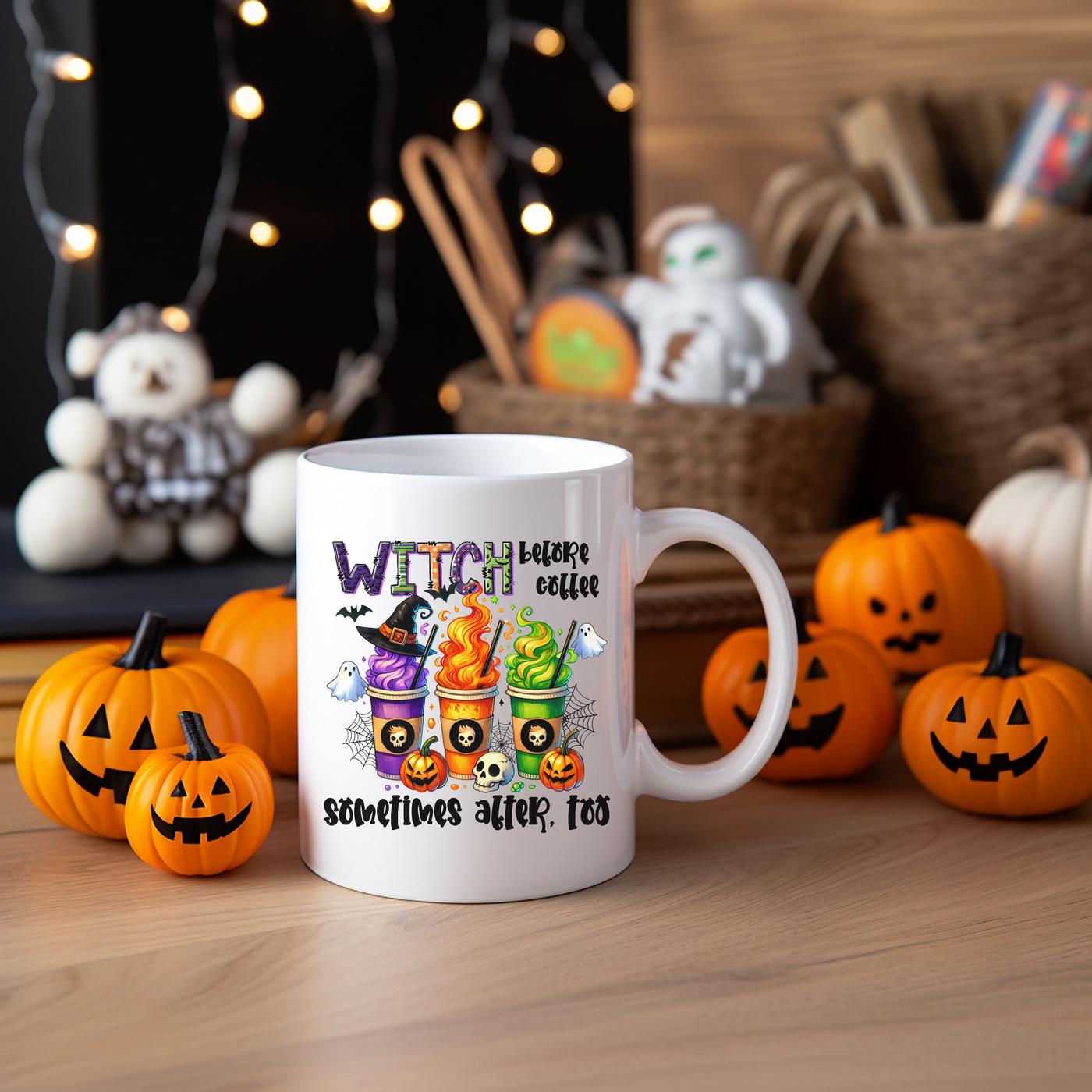 a white coffee mug sitting on top of a wooden table