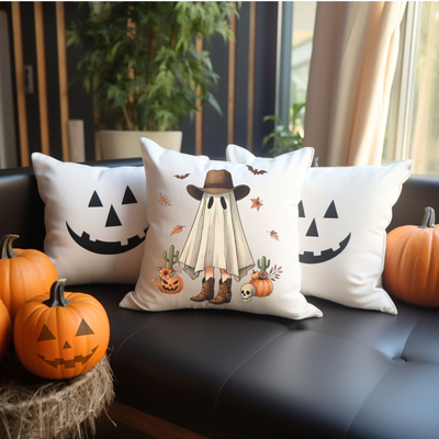 a couch with three pillows and pumpkins on it