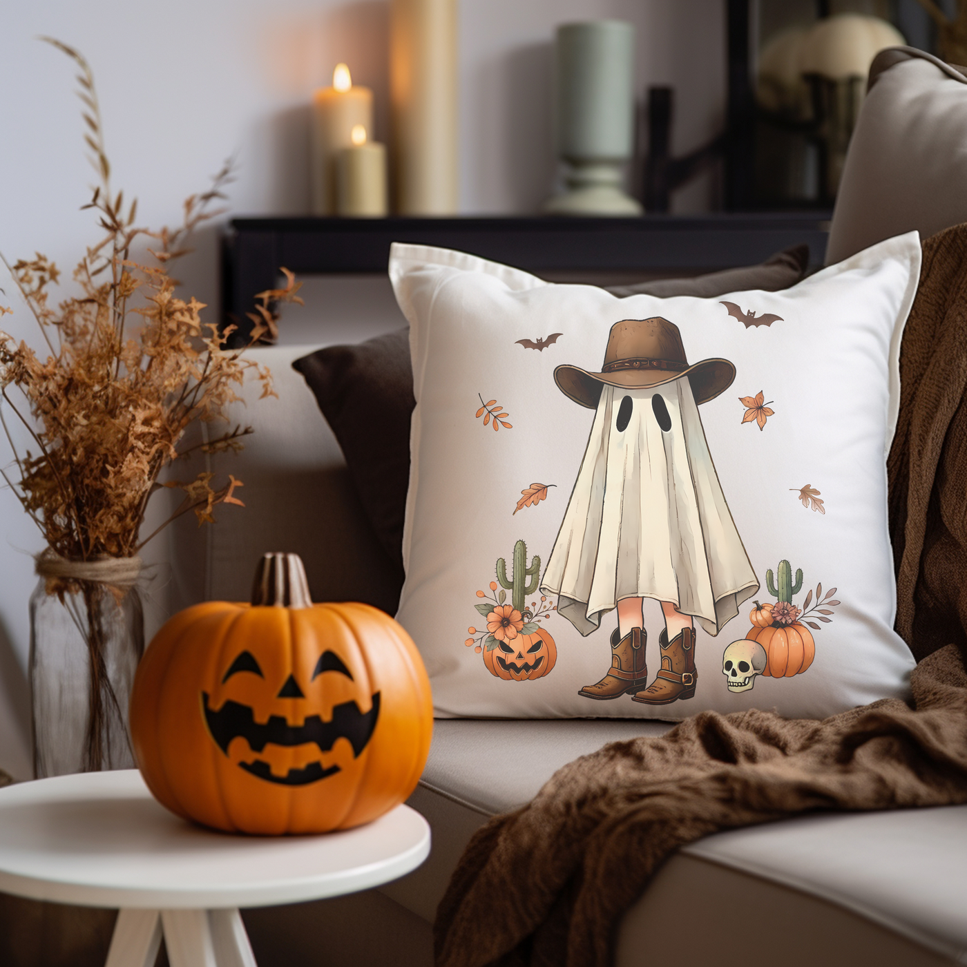 a couch with a pumpkin and a pillow on it