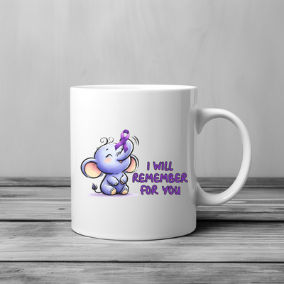 a white coffee mug with a purple elephant on it