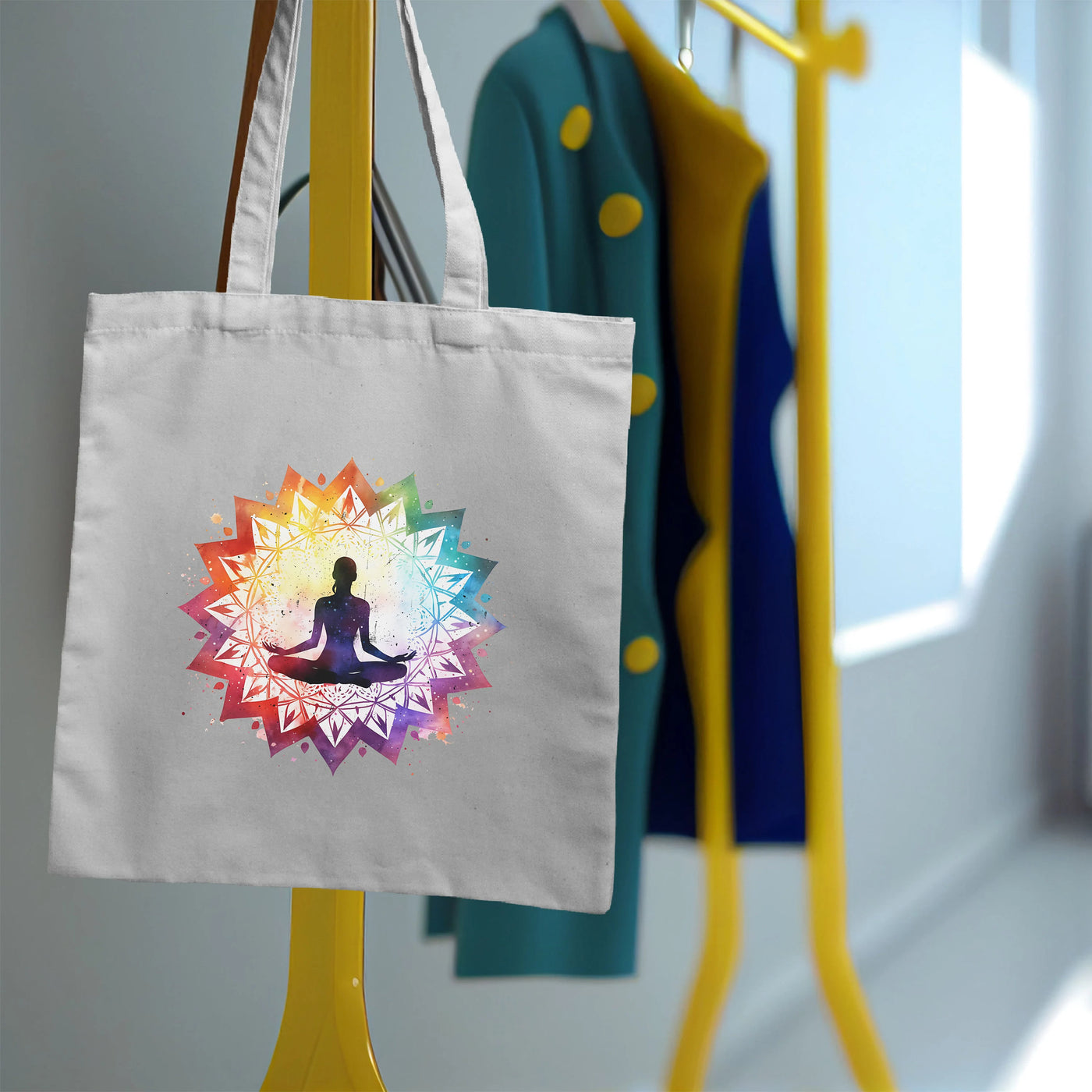 a tote bag with a picture of a person doing yoga