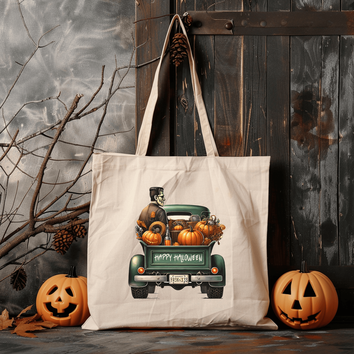 a tote bag with a picture of a car with pumpkins on it