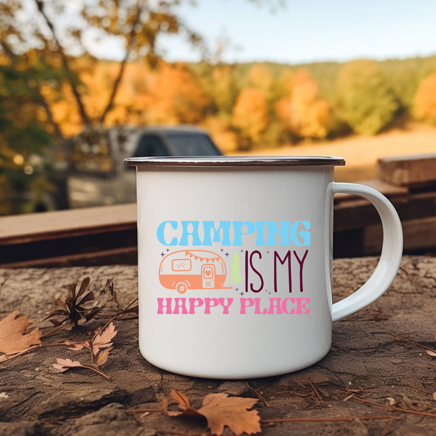 a camper mug that says camping is my happy place