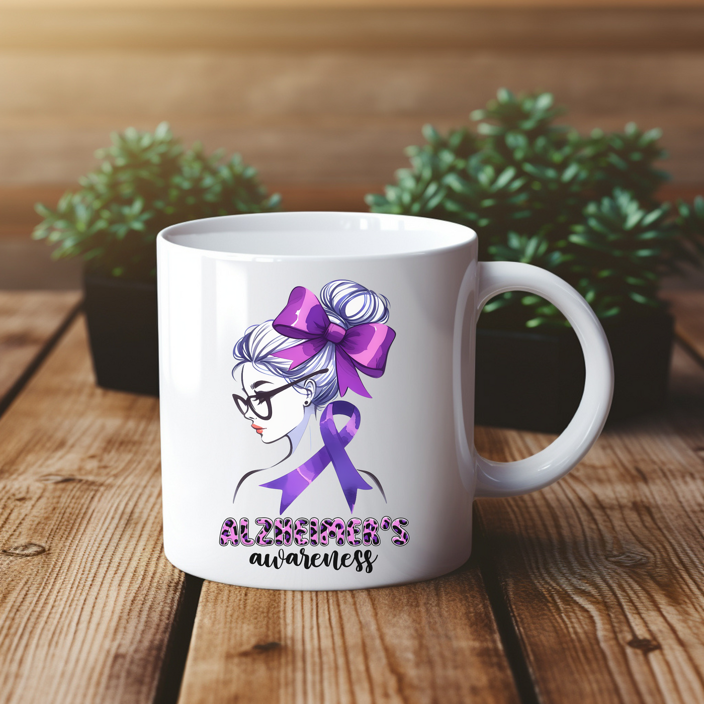 a white coffee mug with a purple ribbon on it