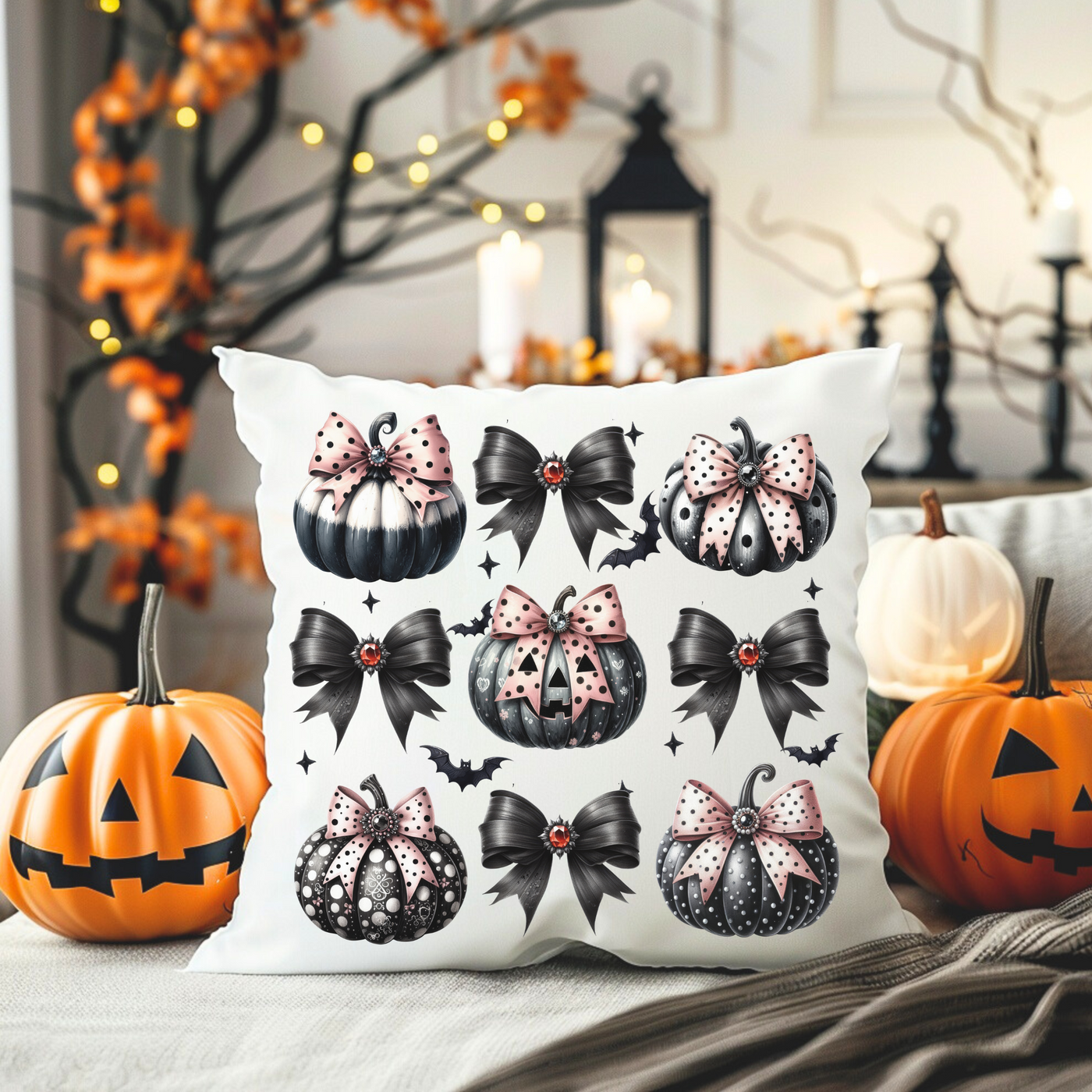 a white pillow with black bows and pumpkins on it