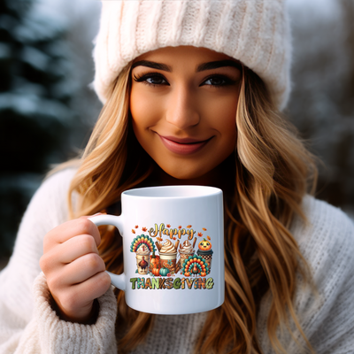 a woman wearing a white hat holding a coffee mug