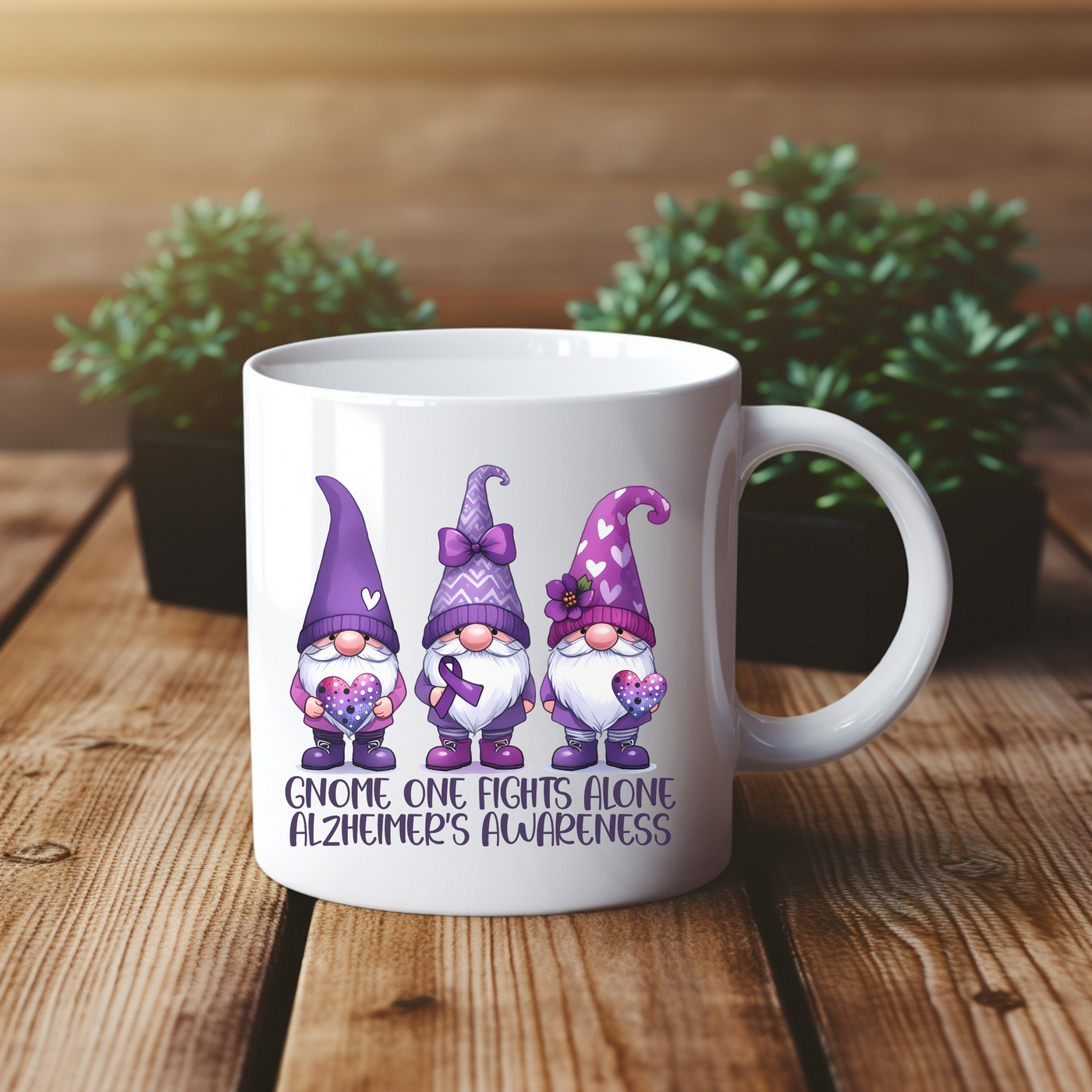 a white coffee mug with three gnomes on it