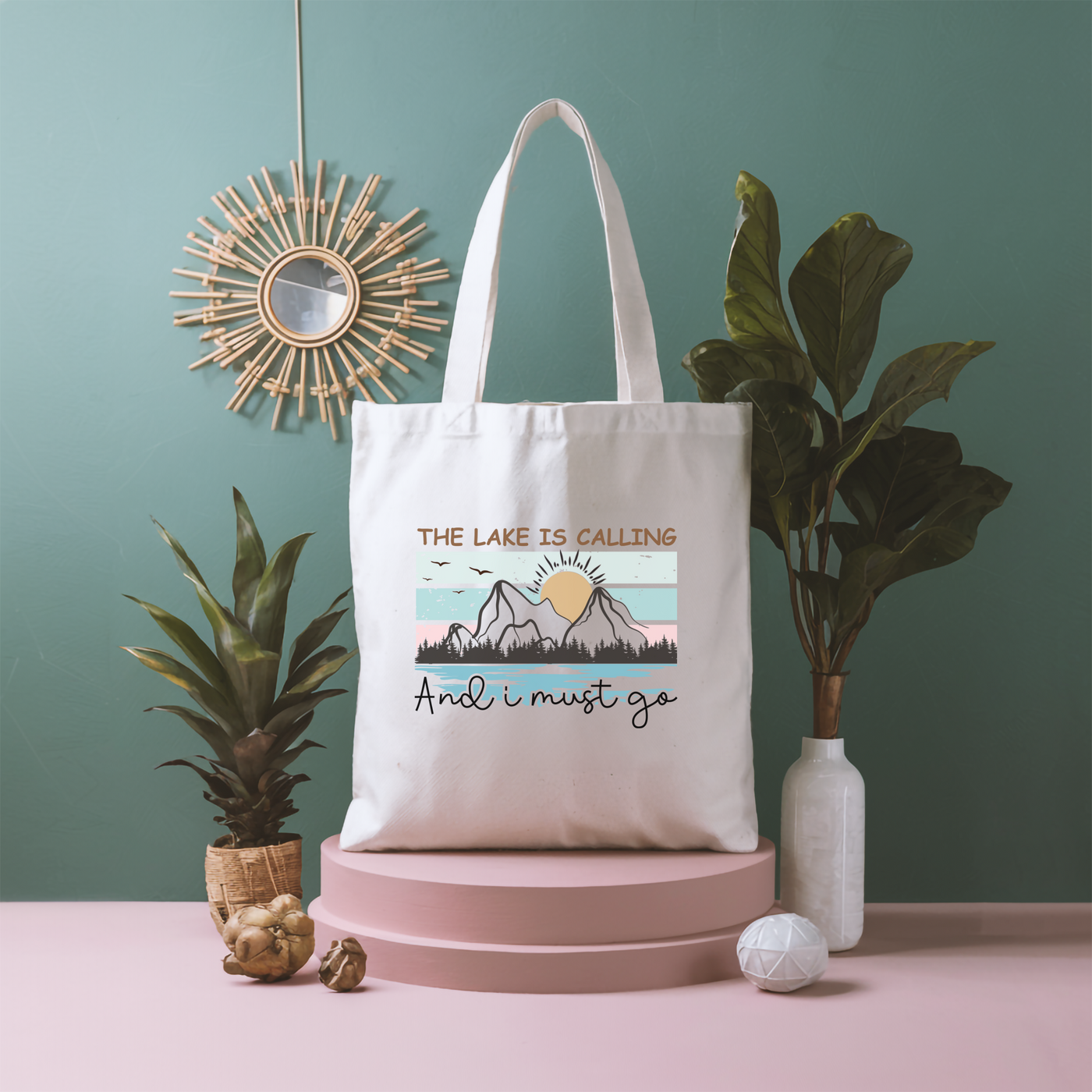 a white bag sitting on top of a table next to a potted plant