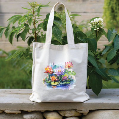 a white tote bag with a painting of flowers on it