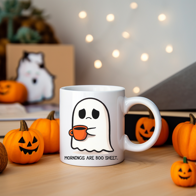 a white coffee mug with a ghost on it