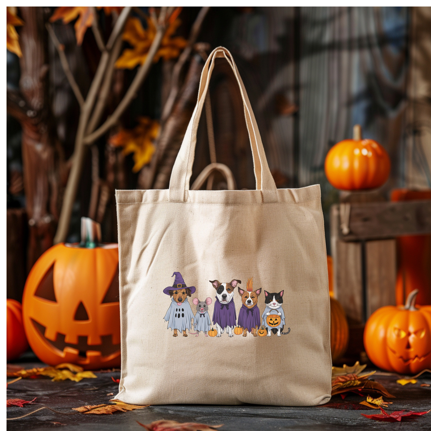 a tote bag with a group of dogs on it