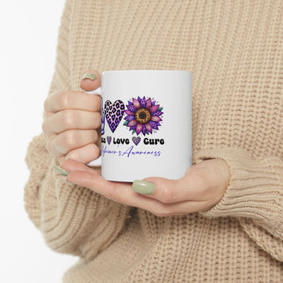 Peace Love and Cure Alzheimer's Awareness Ceramic Mug - Perfect for Gifts and Support - Pillow & Mug Co.