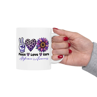 Peace Love and Cure Alzheimer's Awareness Ceramic Mug - Perfect for Gifts and Support - Pillow & Mug Co.