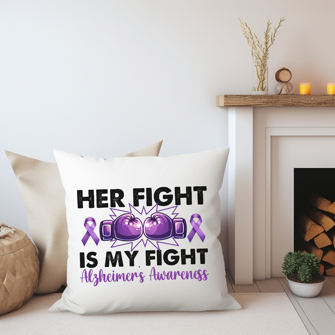 a pillow that has a purple ribbon on it