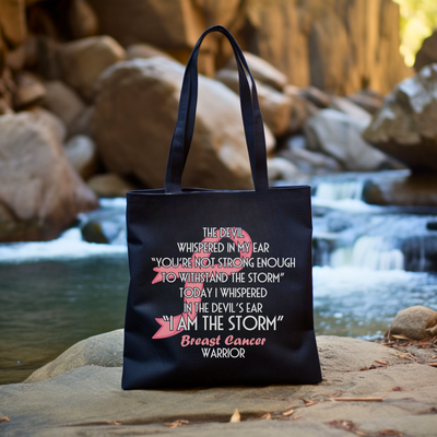 a black tote bag with a poem on it