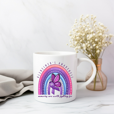 a white coffee mug with a purple butterfly on it