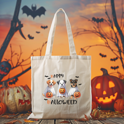 a trick or treat bag with three dogs on it