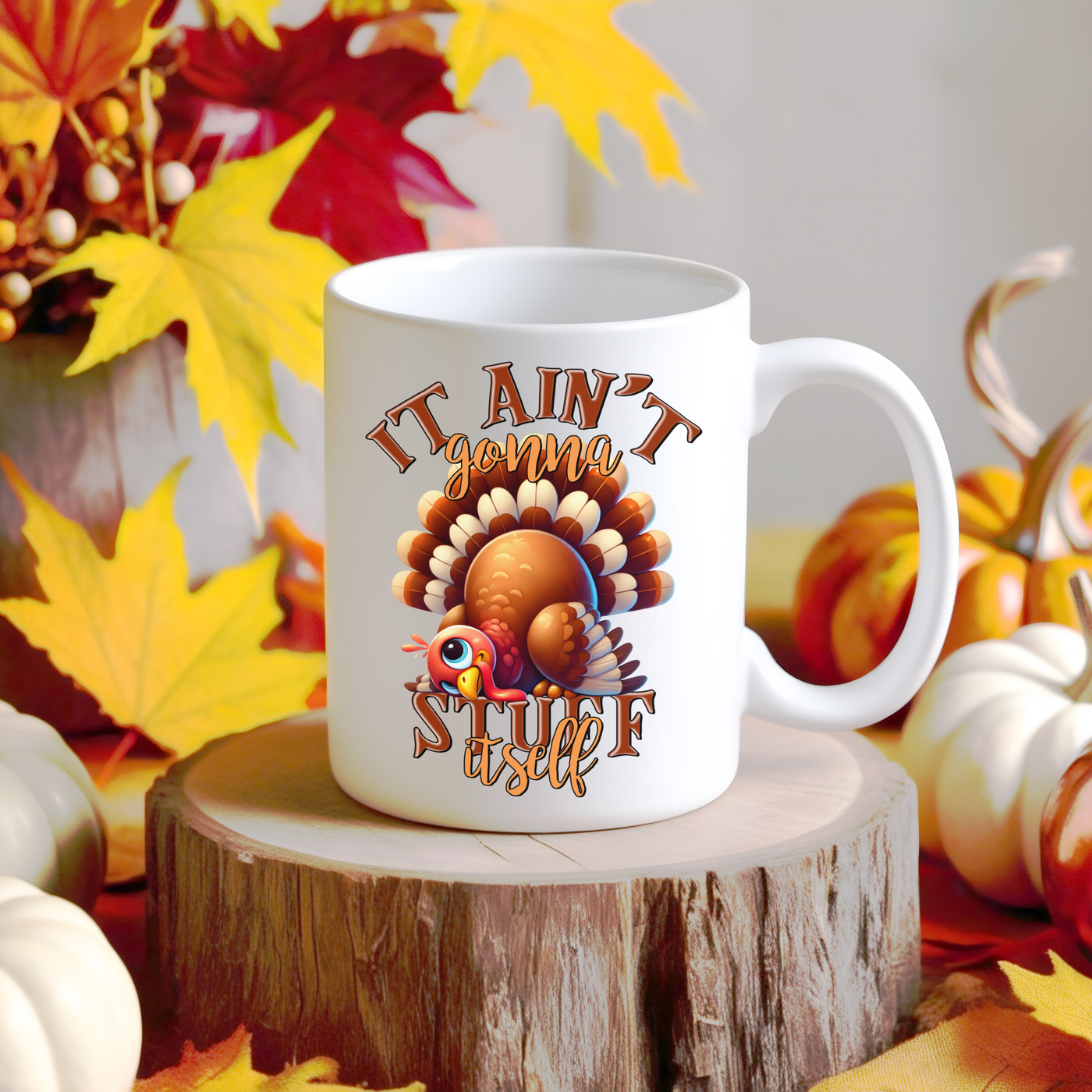 a white coffee mug with a turkey on it