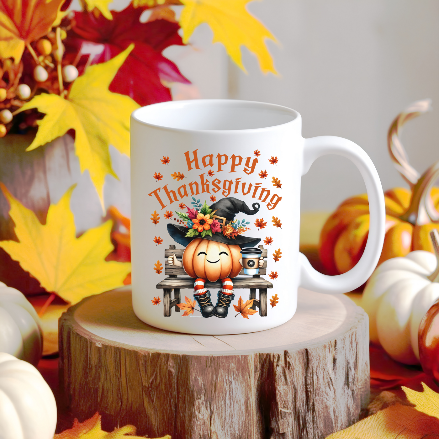 a white coffee mug with a happy thanksgiving design