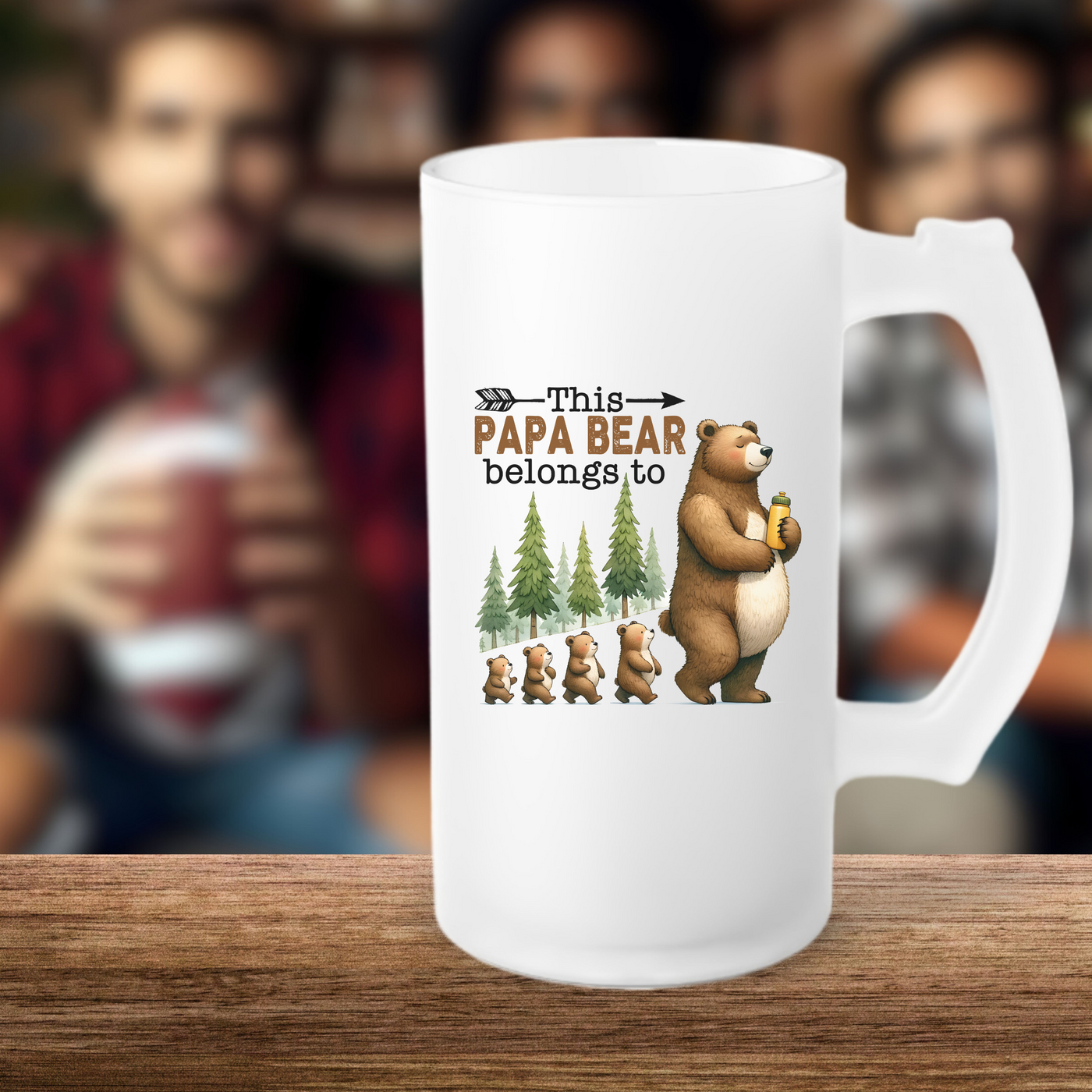 a white coffee mug with a picture of a bear holding a beer