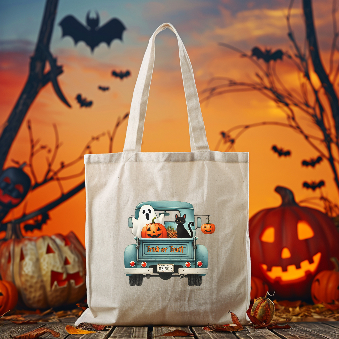 a trick or treat bag with a picture of a truck with pumpkins and bats