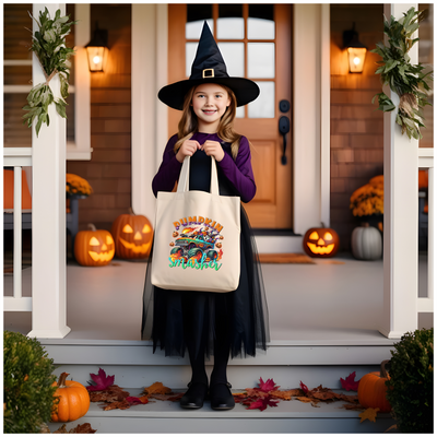 a little girl in a witch costume holding a trick or treat bag