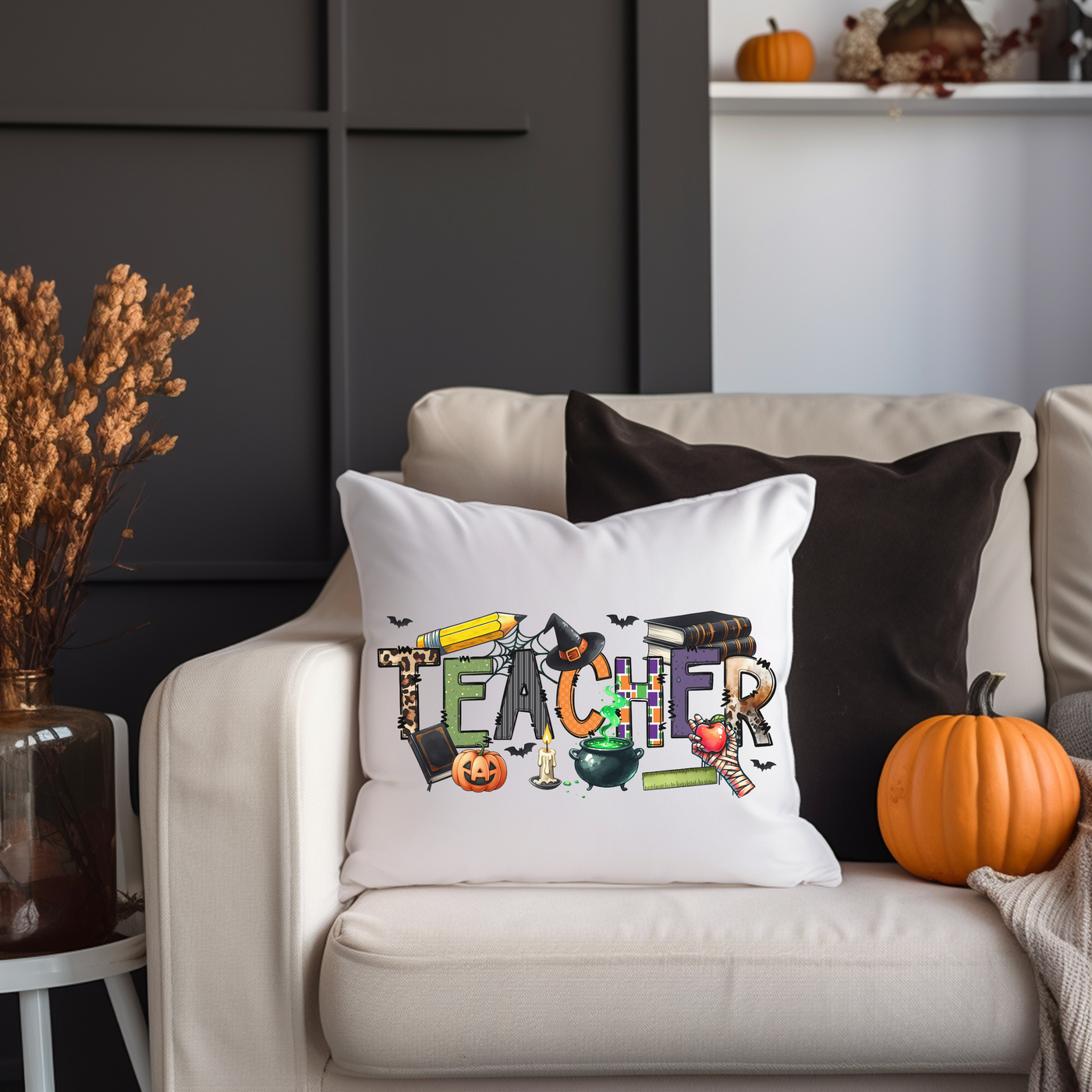 a couch with a pillow and a pumpkin