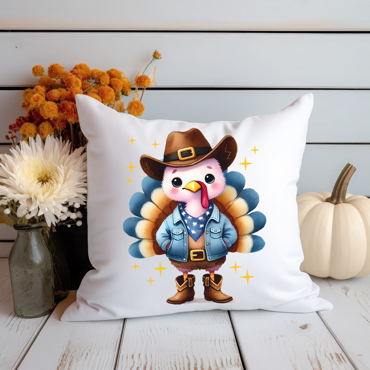 a pillow with a turkey wearing a cowboy hat