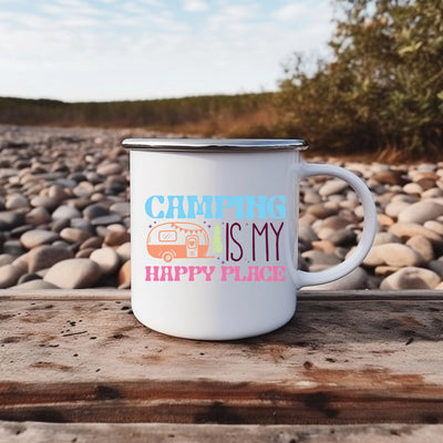 a camper mug sitting on top of a wooden table