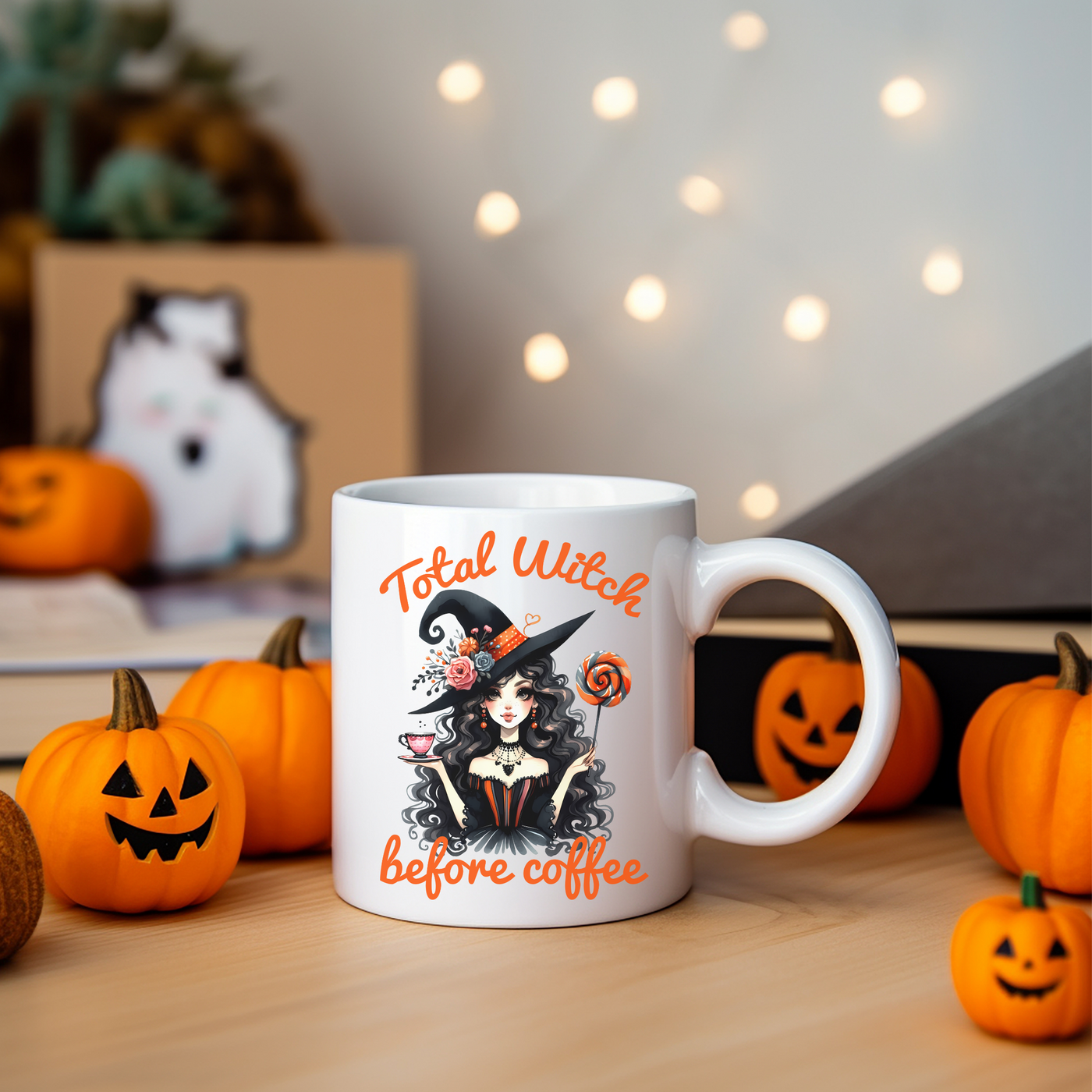 a white coffee mug with a witch on it