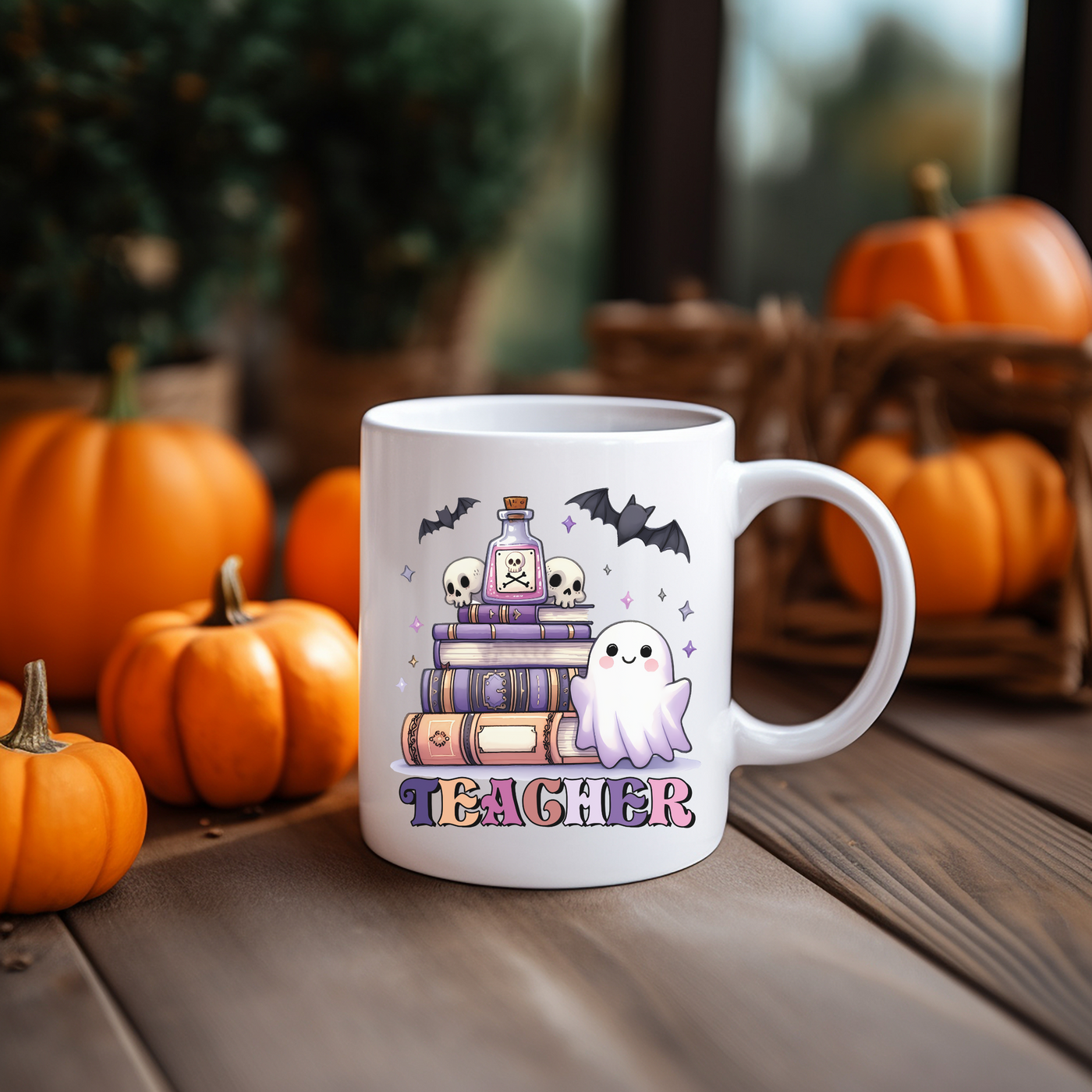 a white coffee mug with a ghost on it