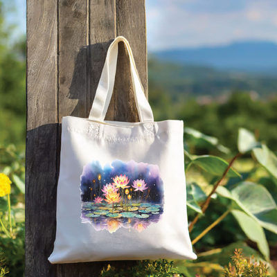 a tote bag hanging from a wooden pole