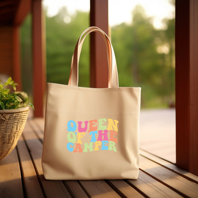 a tote bag sitting on top of a wooden table