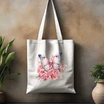 a white tote bag with a picture of a butterfly on it