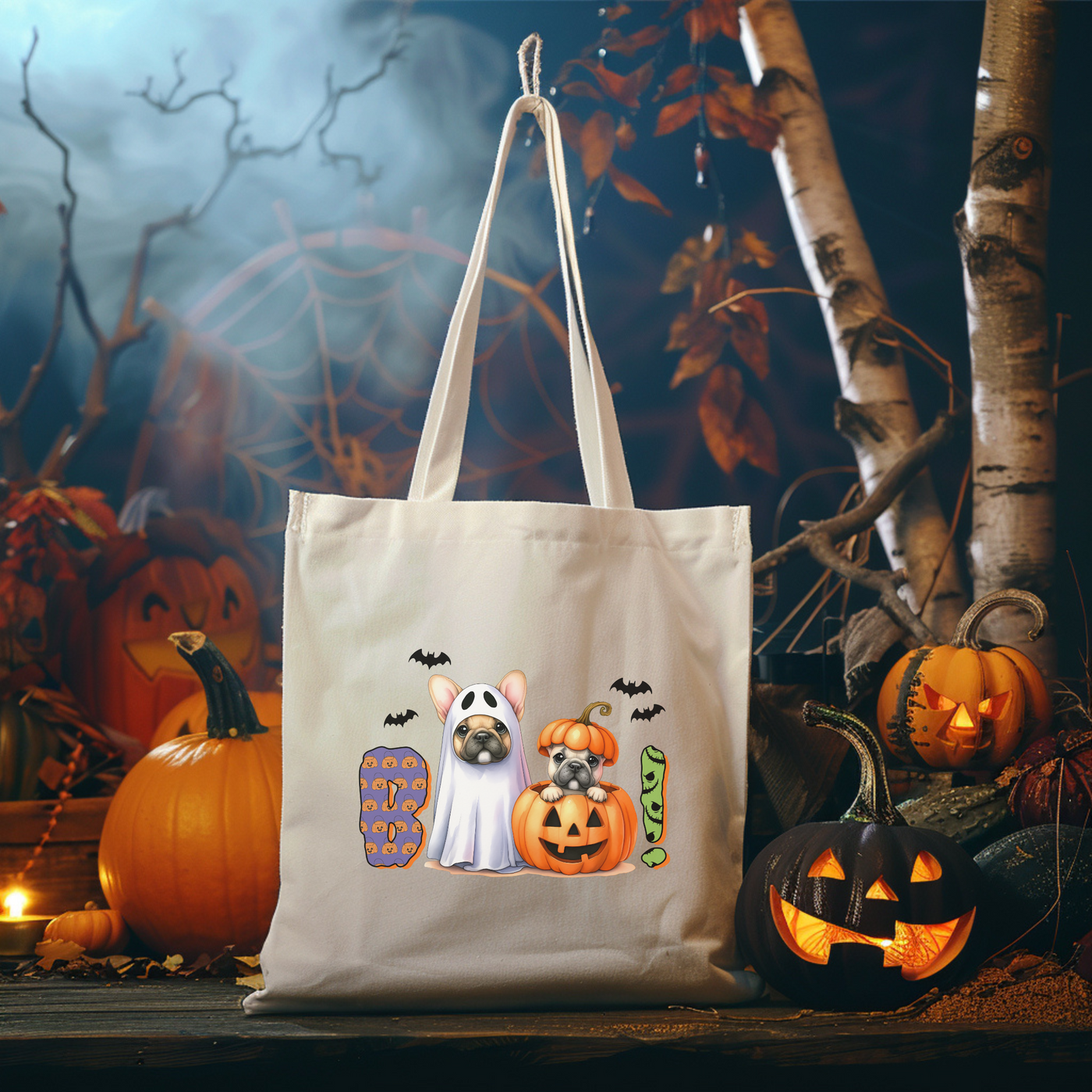 a white bag with two dogs on it sitting next to pumpkins