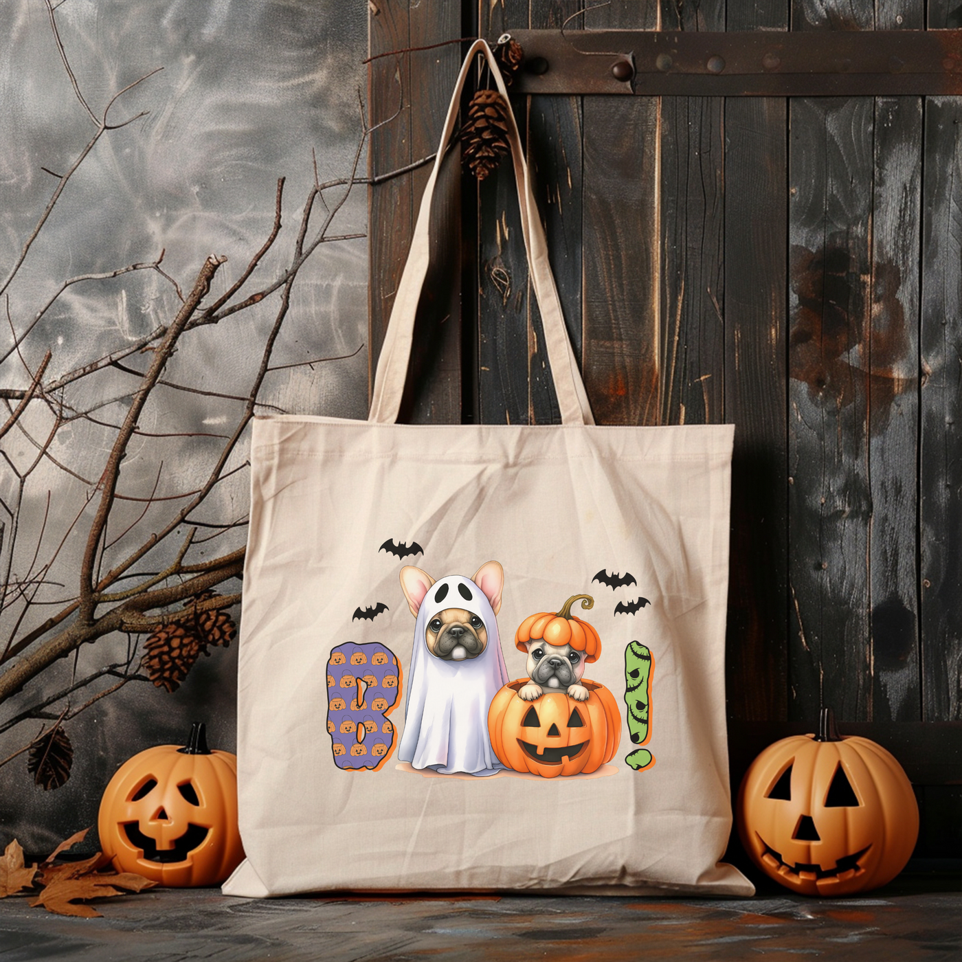 a tote bag with a picture of two dogs in a ghost costume