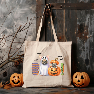 a tote bag with a picture of two dogs in a ghost costume