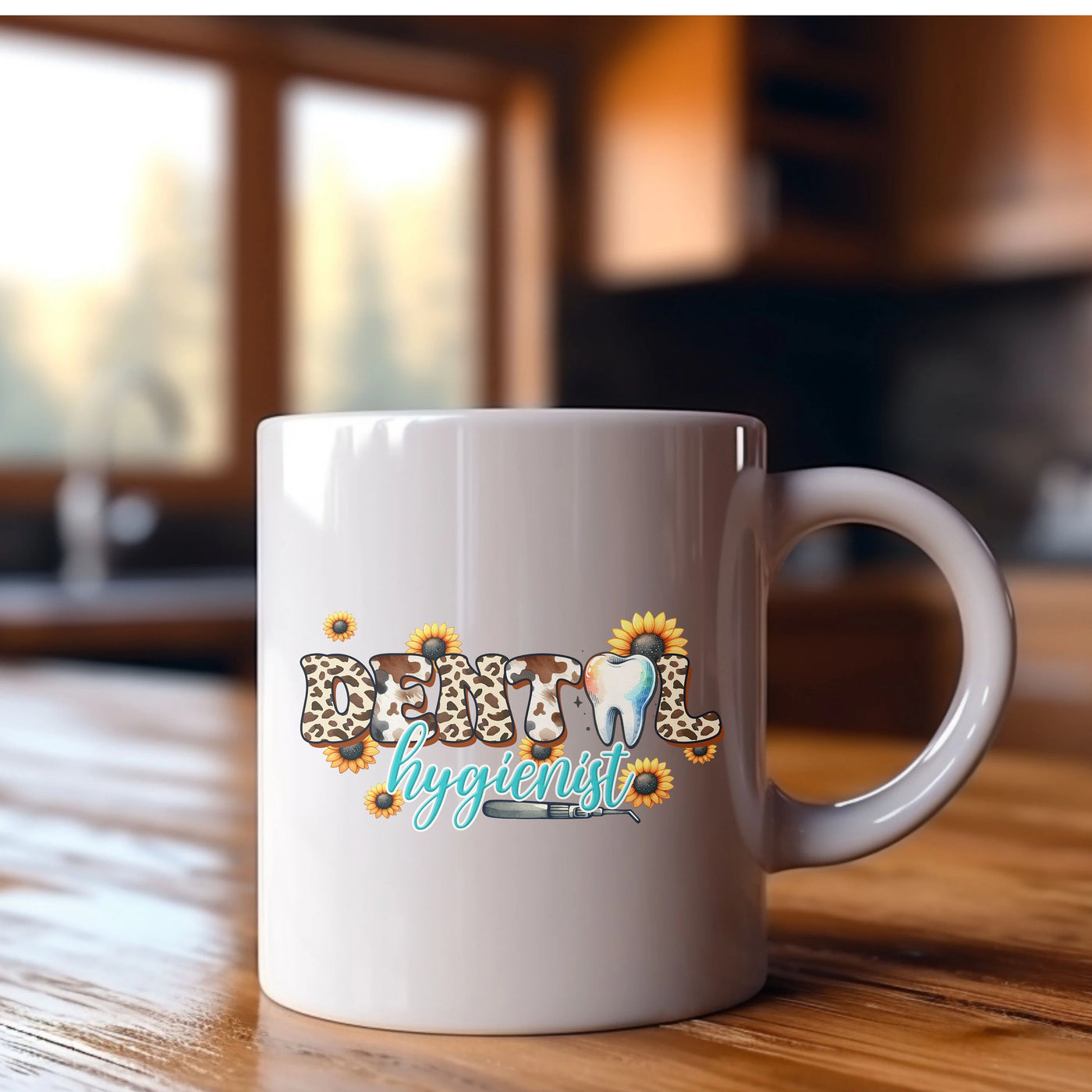 a white coffee mug sitting on top of a wooden table