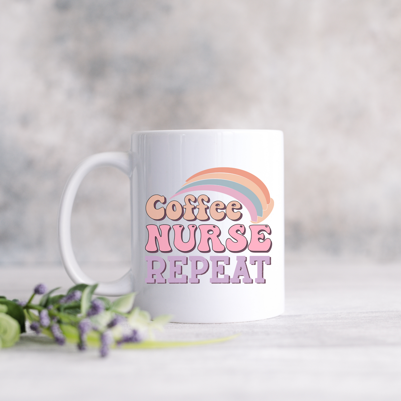 a coffee mug with the words coffee nurse repeat on it