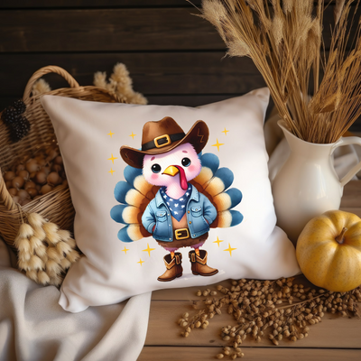 a pillow with a turkey wearing a pilgrim hat