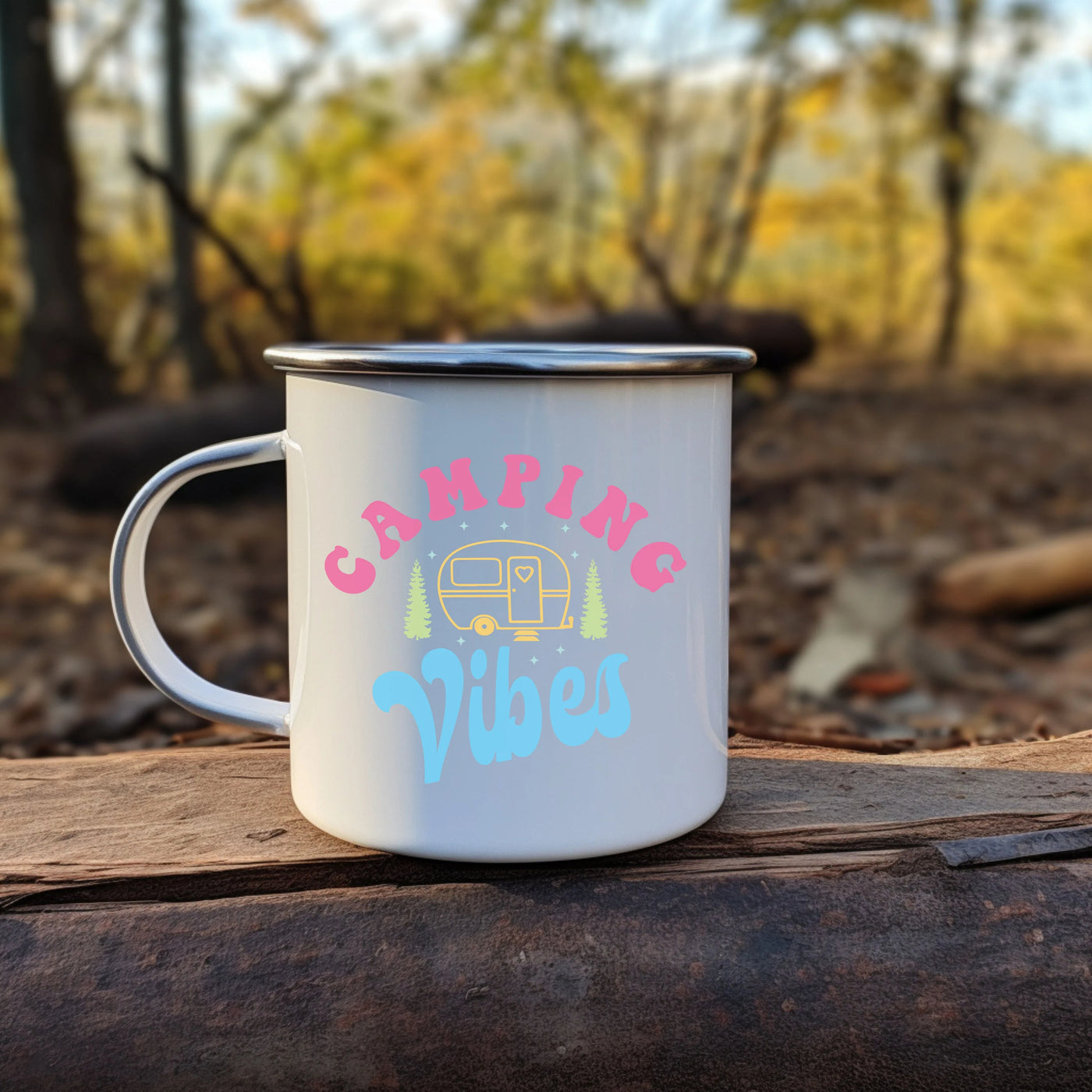 a camper's mug sitting on a log in the woods