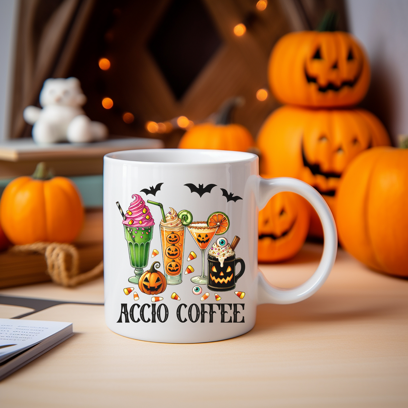 a white coffee mug sitting on top of a table