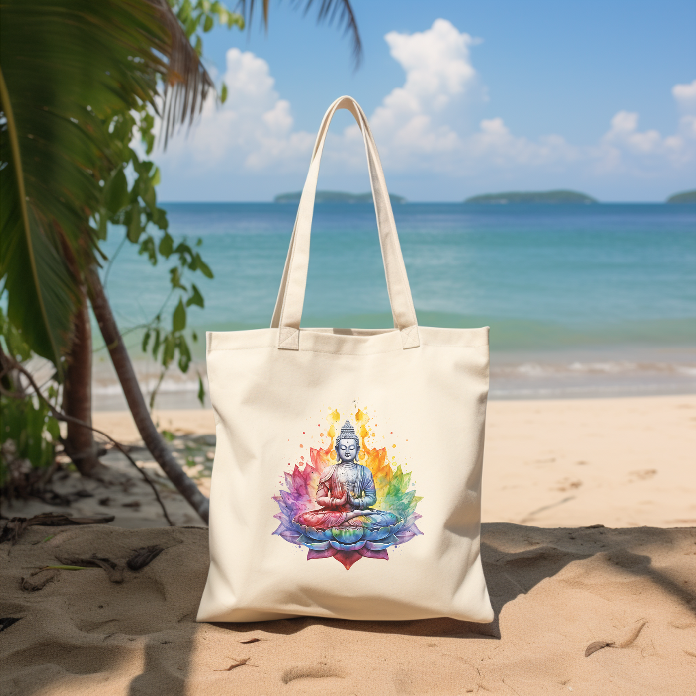 a white bag sitting on top of a sandy beach