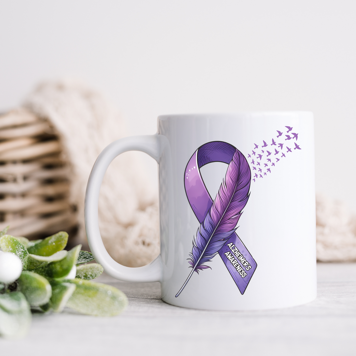 a coffee mug with a purple ribbon on it