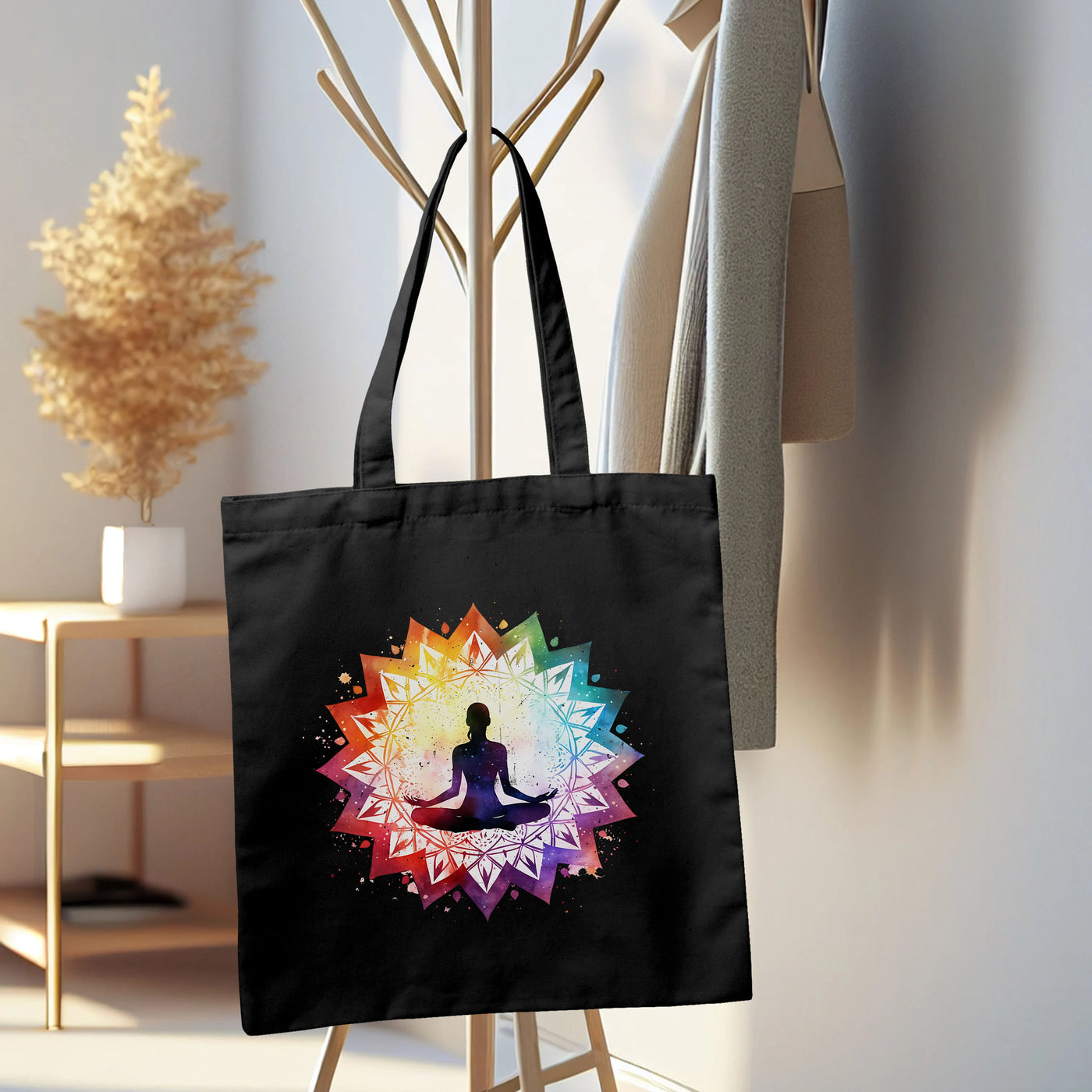 a black tote bag with a picture of a person doing yoga