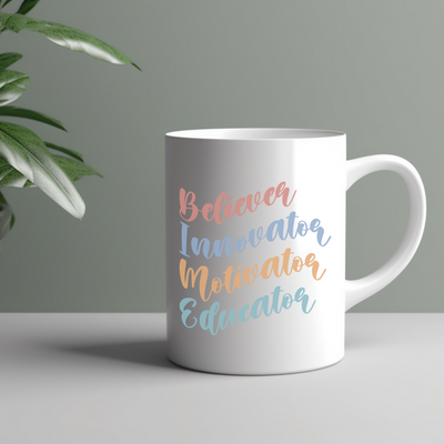 a white coffee mug with the words bereaveh, innovator,