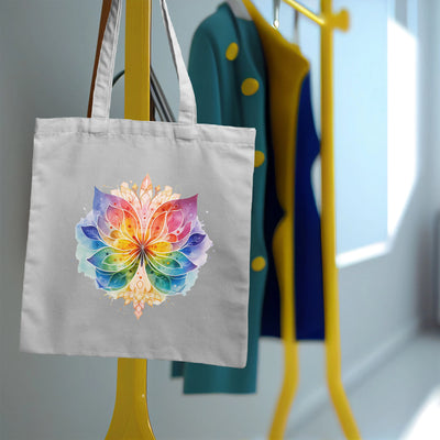 a white bag with a colorful flower on it