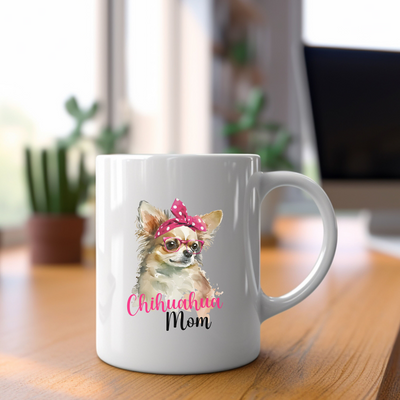 a white coffee mug with a chihuahua mom on it