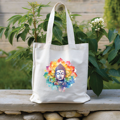 a white bag with a buddha face on it